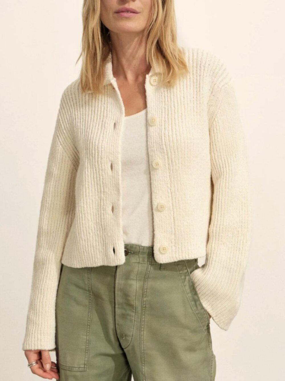 NWT Buck Mason Soft Spun Cotton Collared Cardigan (Natural) - Size XS